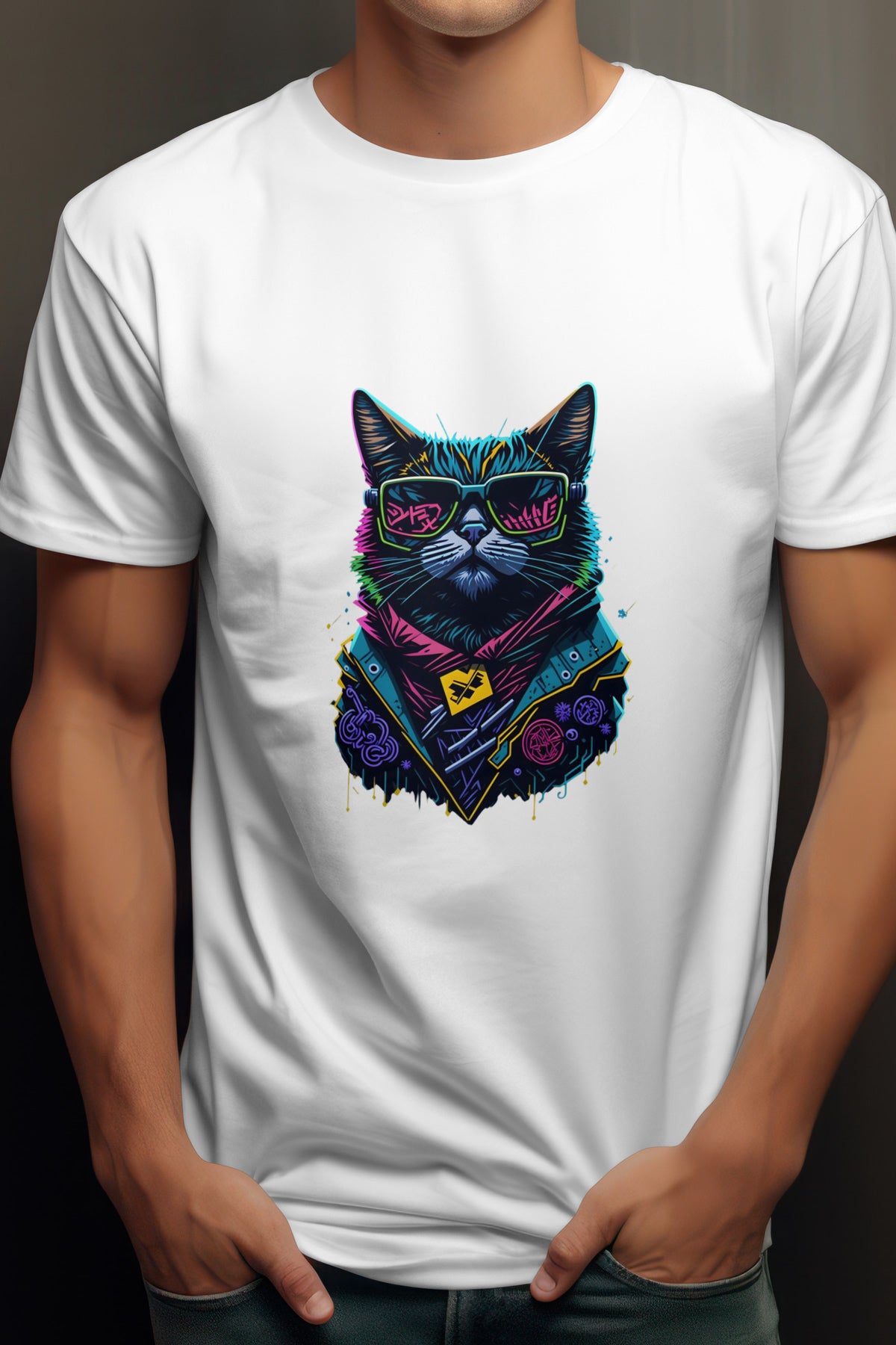 Unisex Graffiti Cat Graphic Printed Round Neck Cotton T Shirt