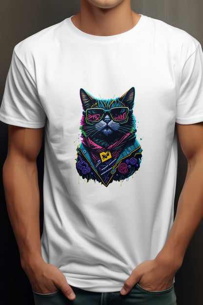 Unisex Graffiti Cat Graphic Printed Round Neck Cotton T Shirt