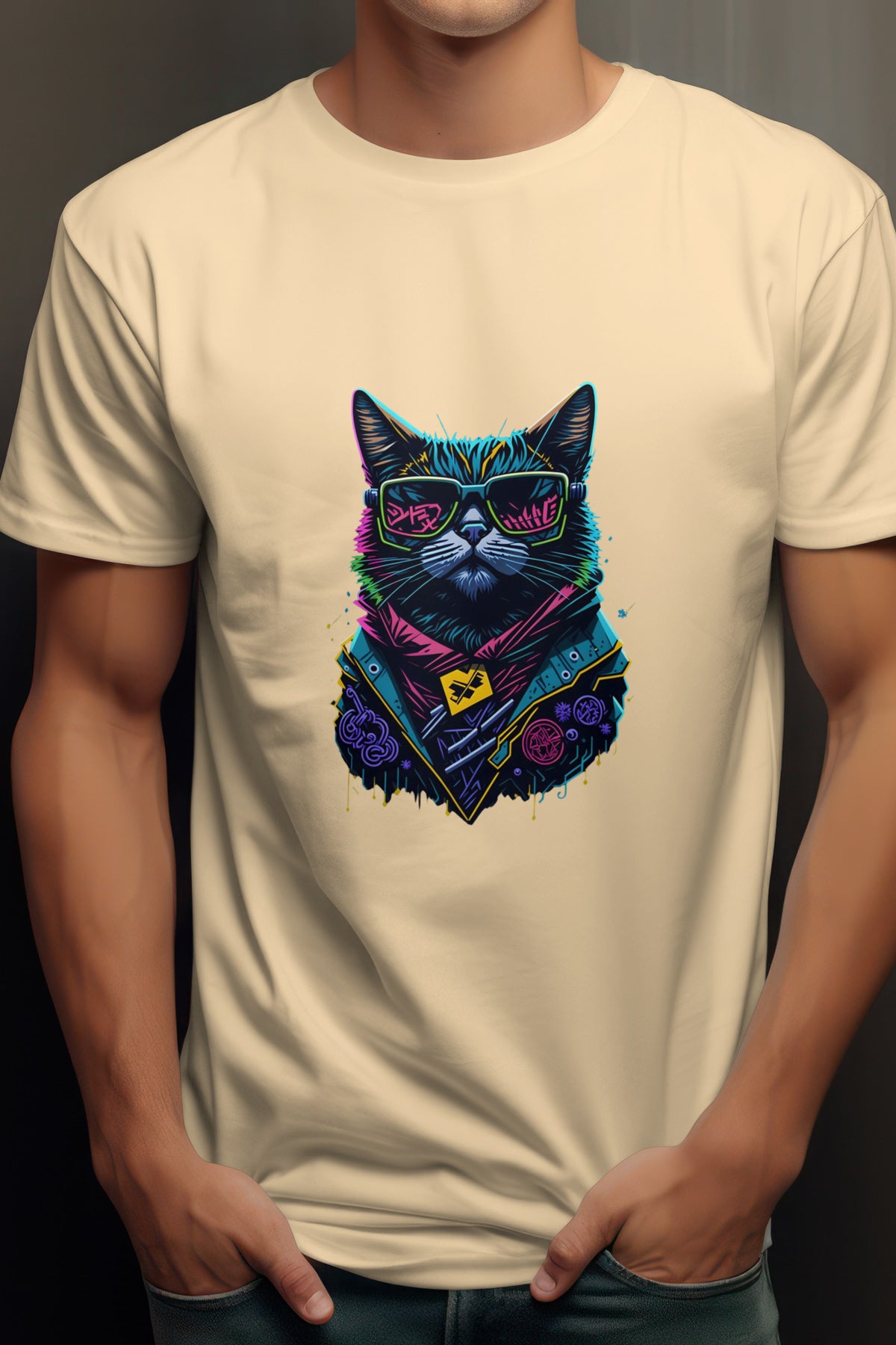 Unisex Graffiti Cat Graphic Printed Round Neck Cotton T Shirt