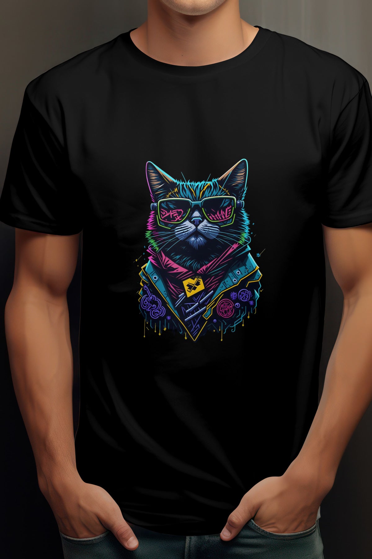 Unisex Graffiti Cat Graphic Printed Round Neck Cotton T Shirt