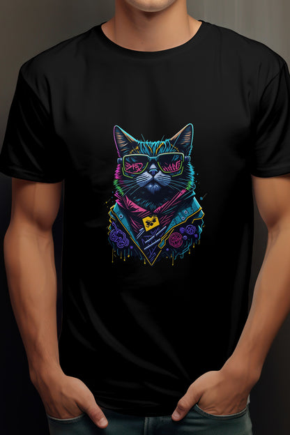 Unisex Graffiti Cat Graphic Printed Round Neck Cotton T Shirt