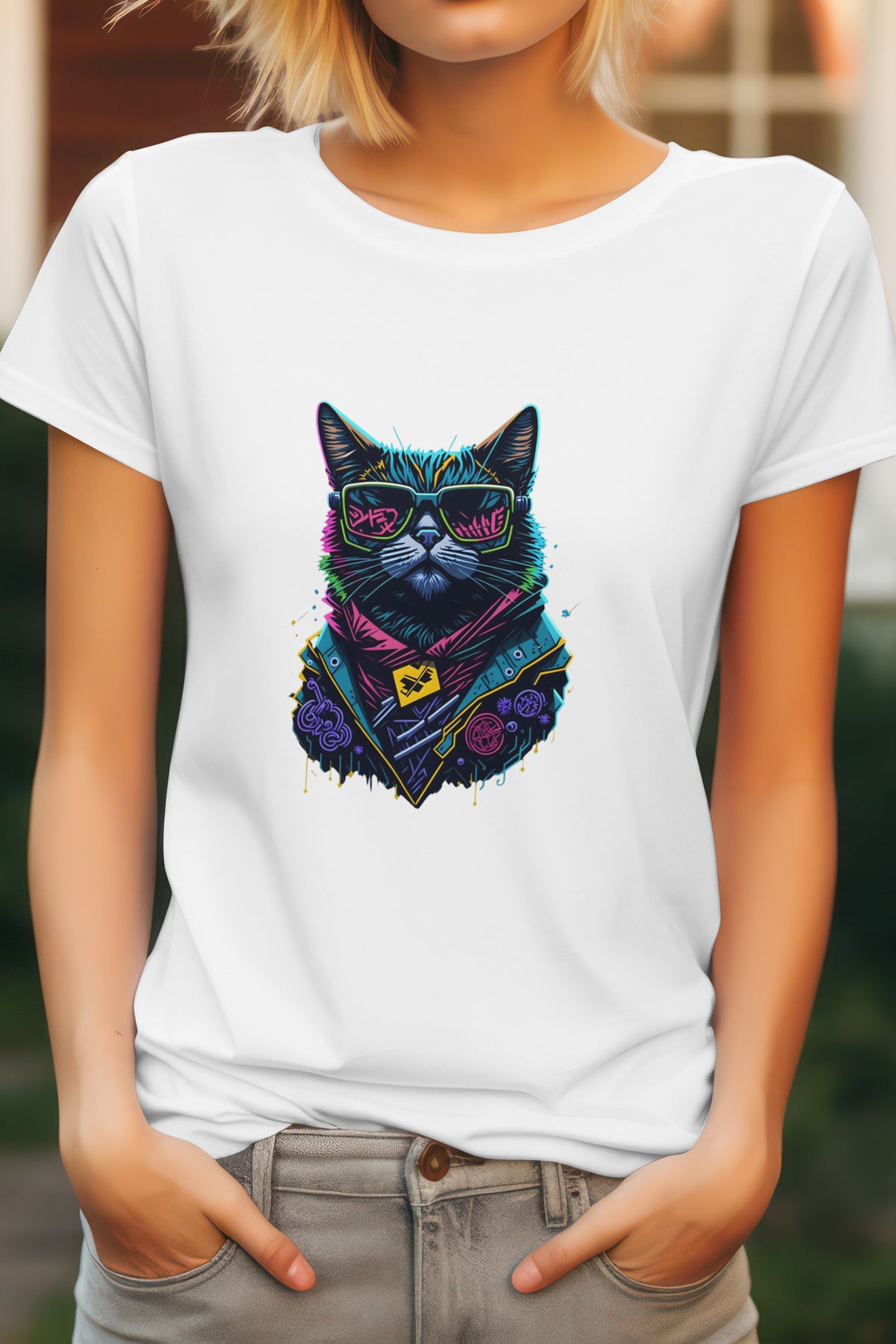 Unisex Graffiti Cat Graphic Printed Round Neck Cotton T Shirt