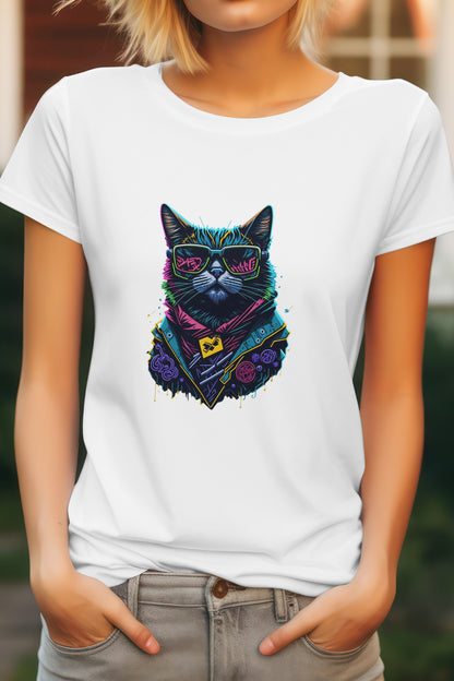 Unisex Graffiti Cat Graphic Printed Round Neck Cotton T Shirt