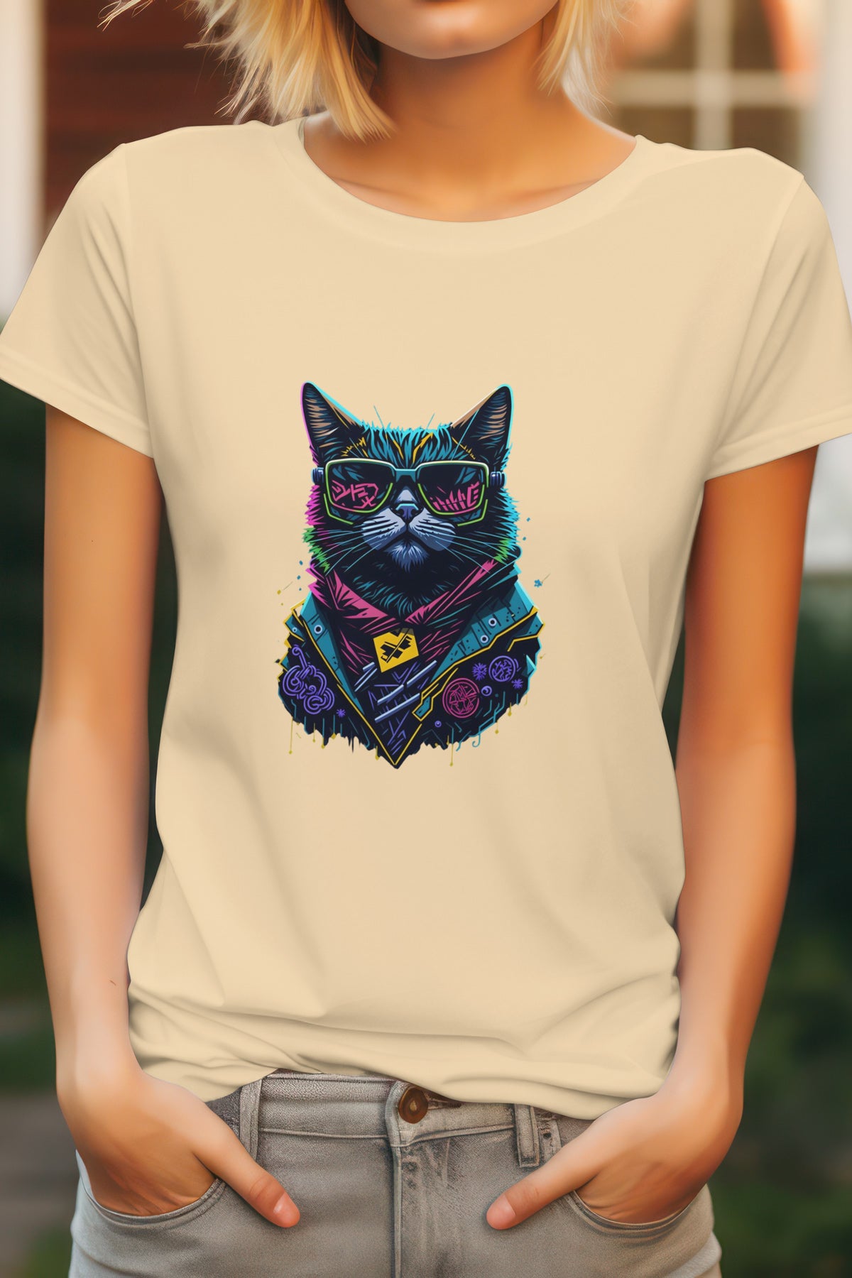 Unisex Graffiti Cat Graphic Printed Round Neck Cotton T Shirt