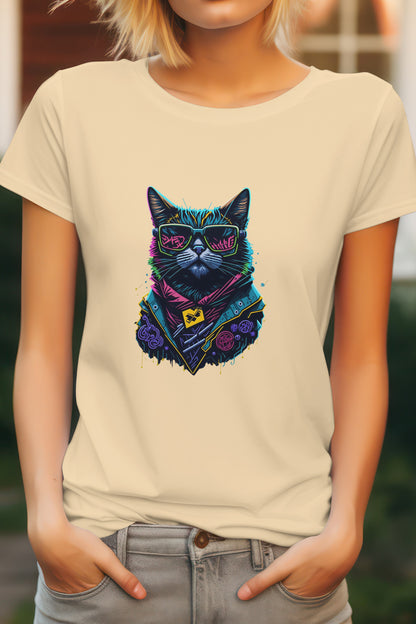 Unisex Graffiti Cat Graphic Printed Round Neck Cotton T Shirt