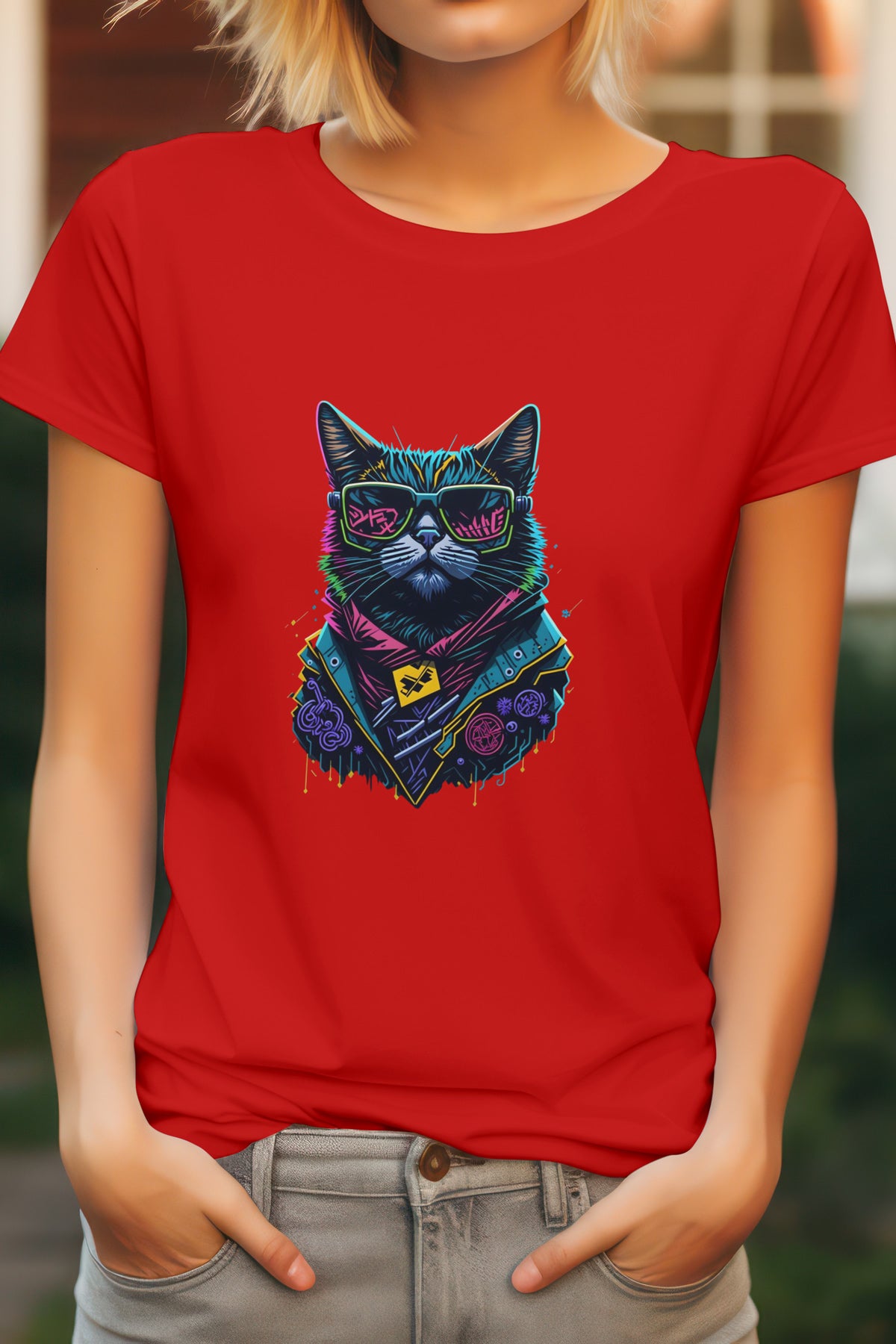 Unisex Graffiti Cat Graphic Printed Round Neck Cotton T Shirt