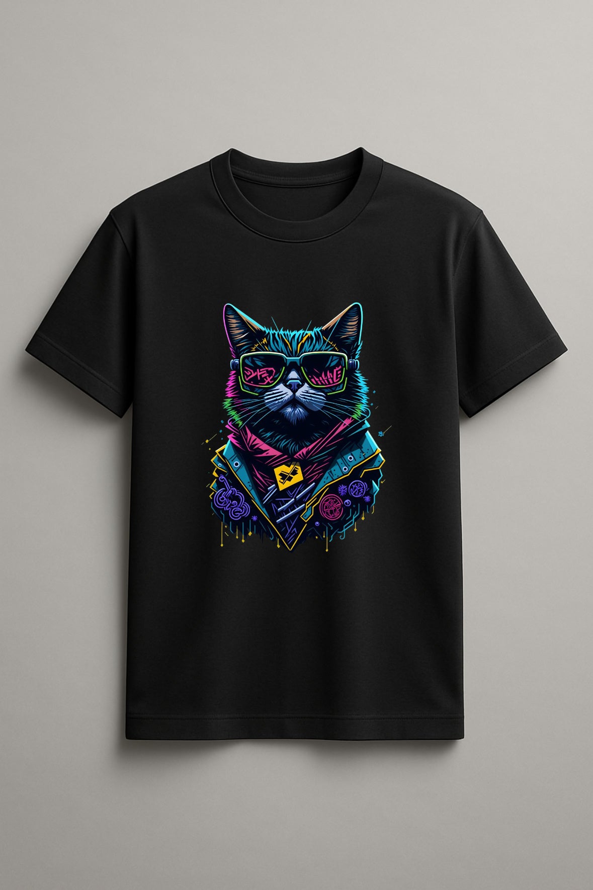 Unisex Graffiti Cat Graphic Printed Round Neck Cotton T Shirt