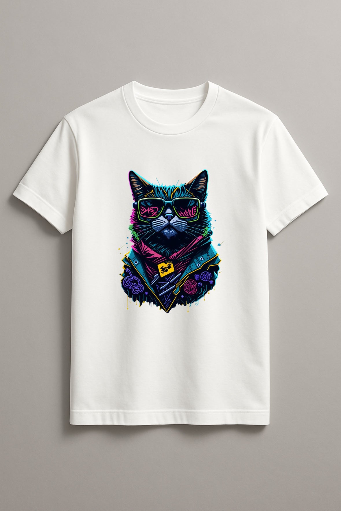 Unisex Graffiti Cat Graphic Printed Round Neck Cotton T Shirt