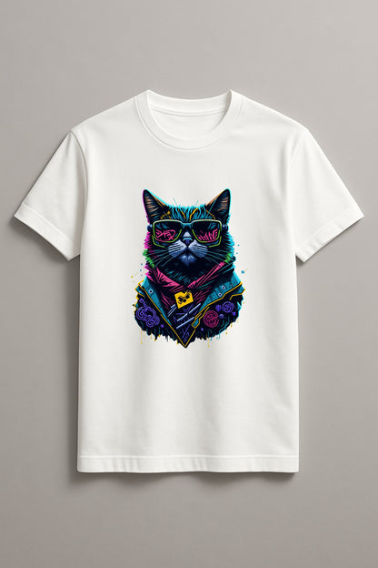 Unisex Graffiti Cat Graphic Printed Round Neck Cotton T Shirt