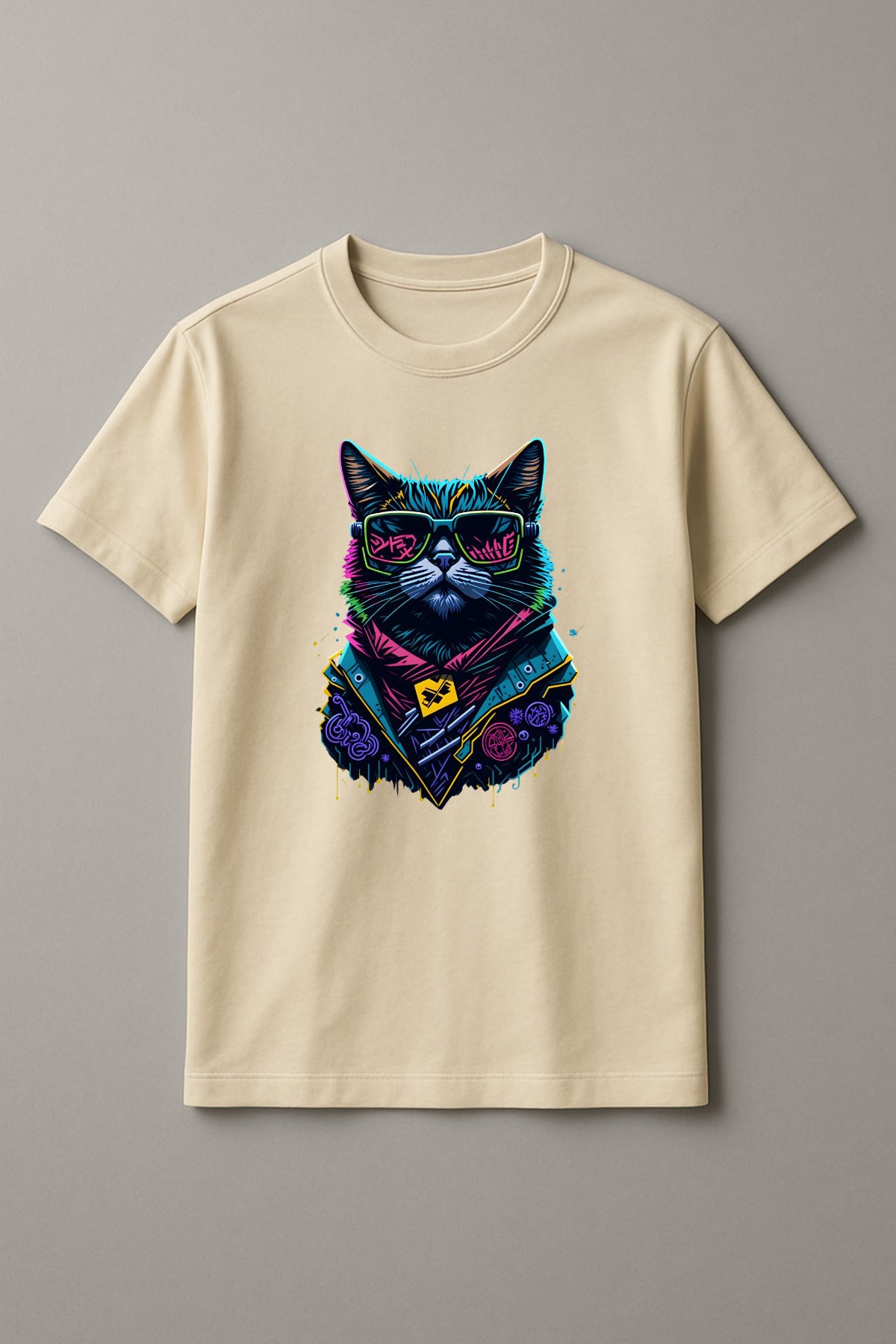 Unisex Graffiti Cat Graphic Printed Round Neck Cotton T Shirt