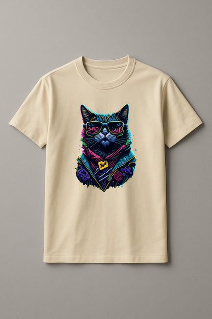 Unisex Graffiti Cat Graphic Printed Round Neck Cotton T Shirt