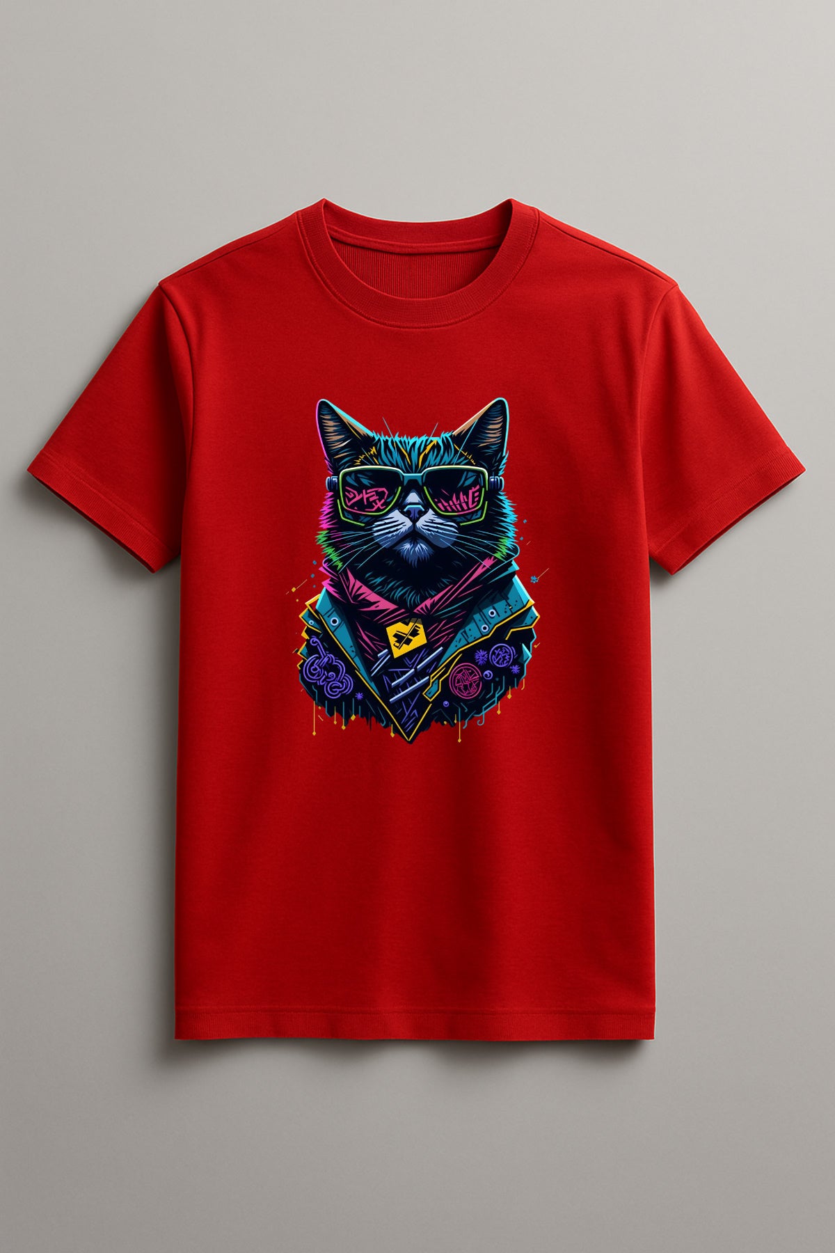 Unisex Graffiti Cat Graphic Printed Round Neck Cotton T Shirt