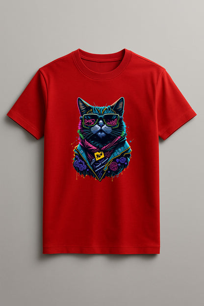Unisex Graffiti Cat Graphic Printed Round Neck Cotton T Shirt
