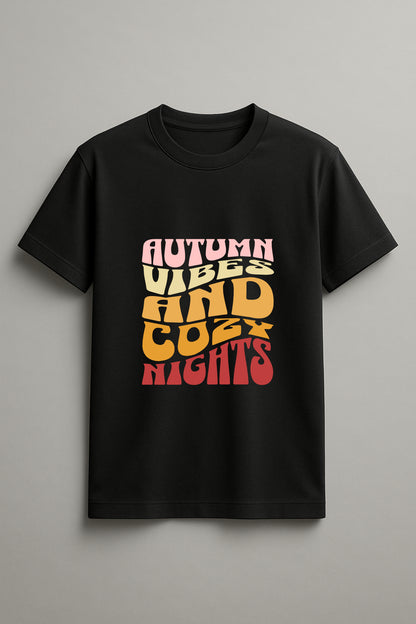 Autumn Vibes And Cozy Nights Graphic Tee Round Neck Cotton