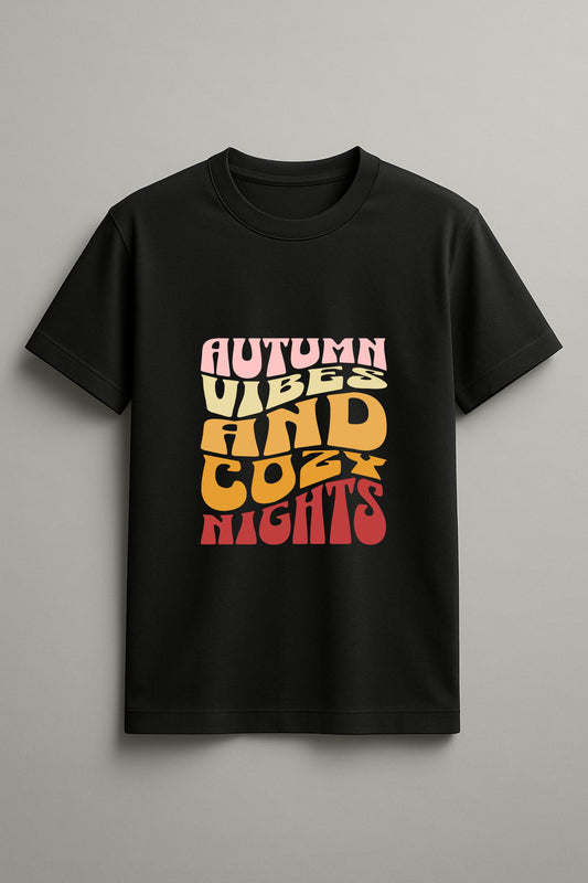 Autumn Vibes And Cozy Nights Graphic Tee Round Neck Cotton