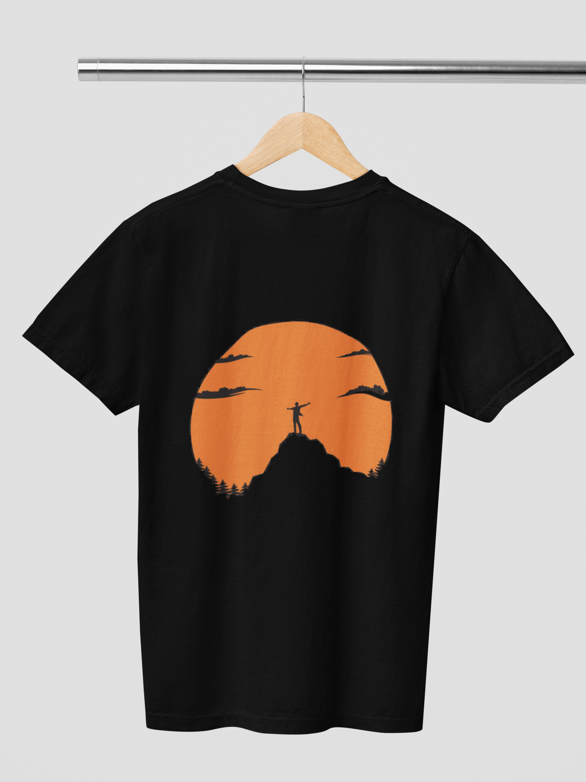 FOMO Fashions Sun and Guy T Shirt back‑view mockup on black tee with logo graphic