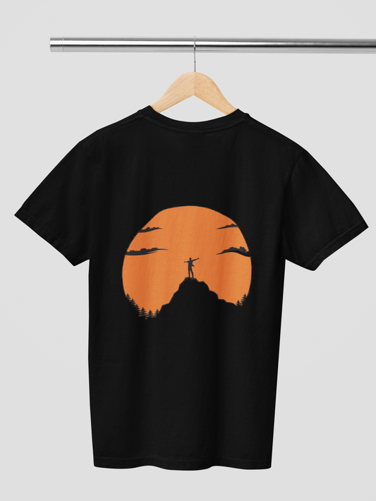 FOMO Fashions Sun and Guy T Shirt back‑view mockup on black tee with logo graphic