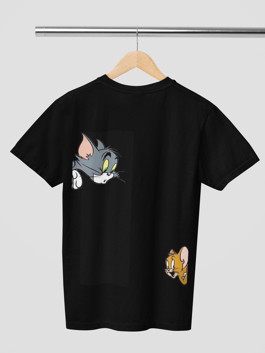 FOMO Fashions Tom and Jerry T Shirt back view on black tee with classic cartoon silhouette print
