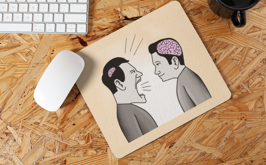 FOMO Fashions brain vs. brainless mouse pad with whimsical brain and text graphic
