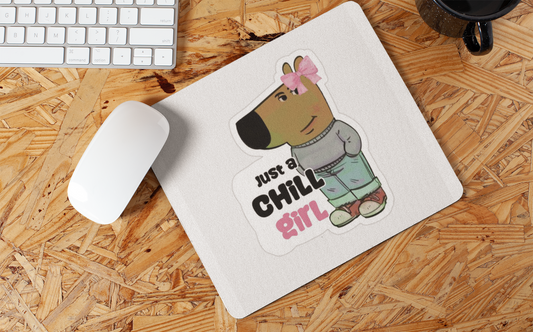 FOMO Fashions chill girl mouse pad with laid-back female character graphic