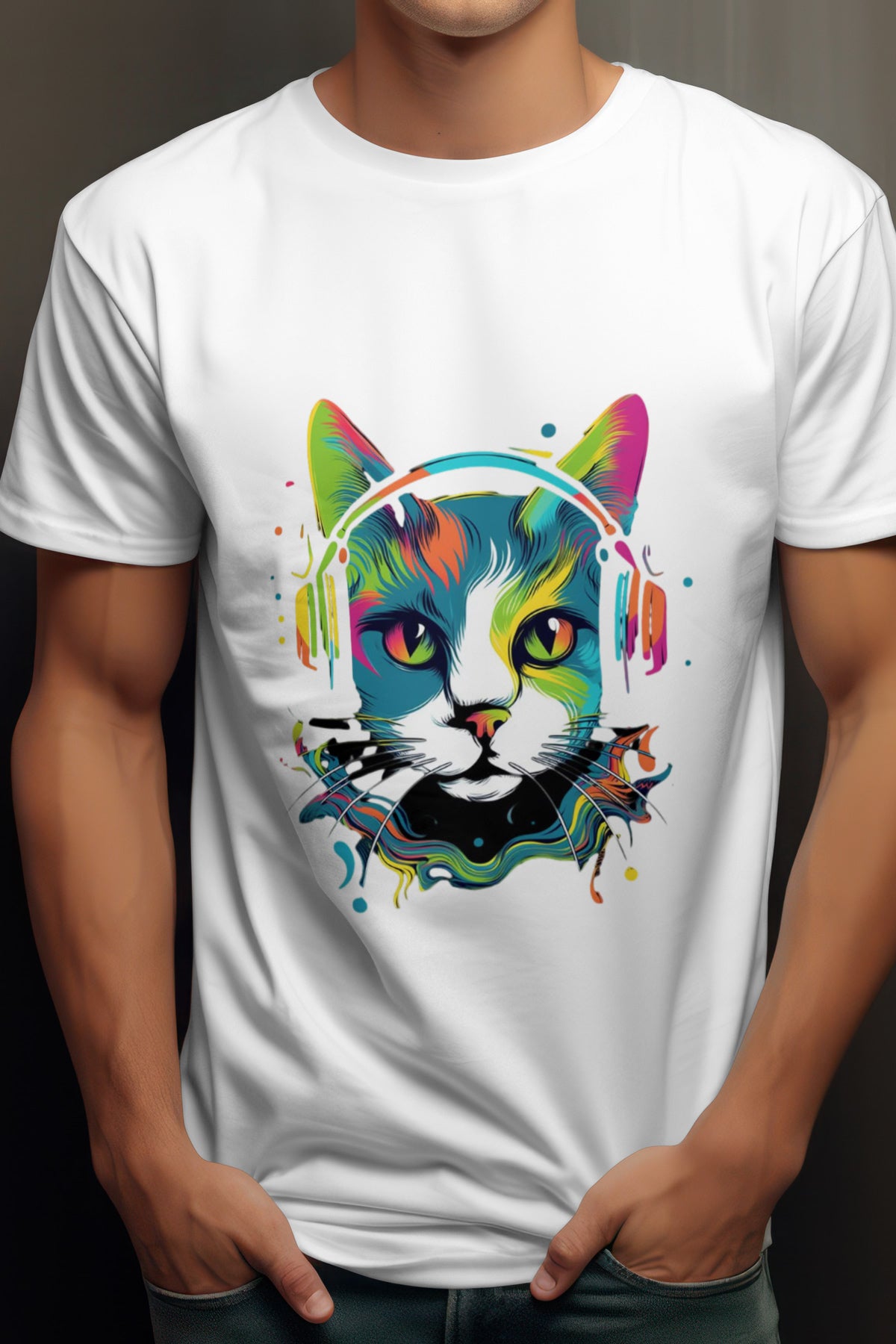 Unisex Musical Cat Graphic Printed Round Neck Cotton T Shirt