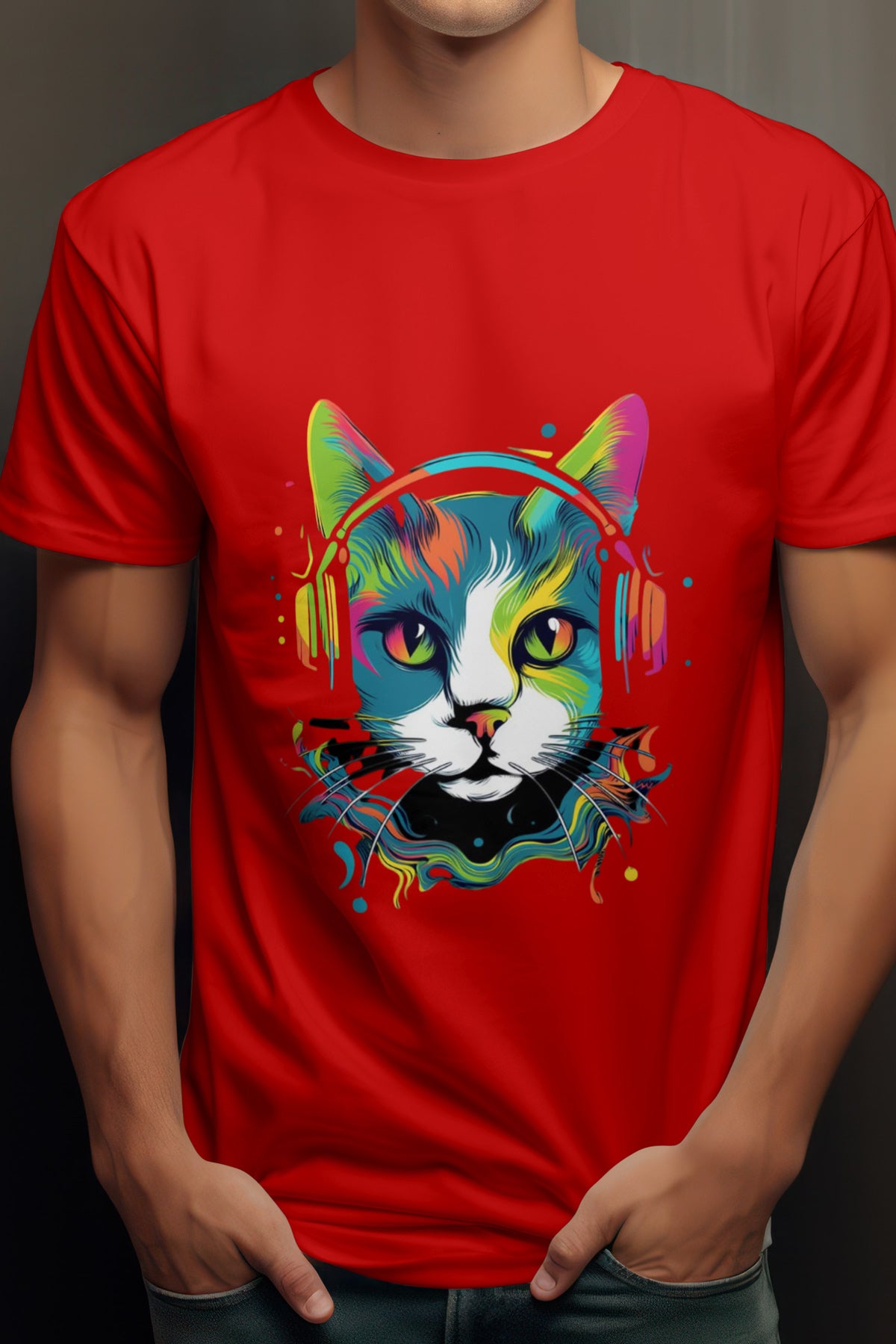 Unisex Musical Cat Graphic Printed Round Neck Cotton T Shirt