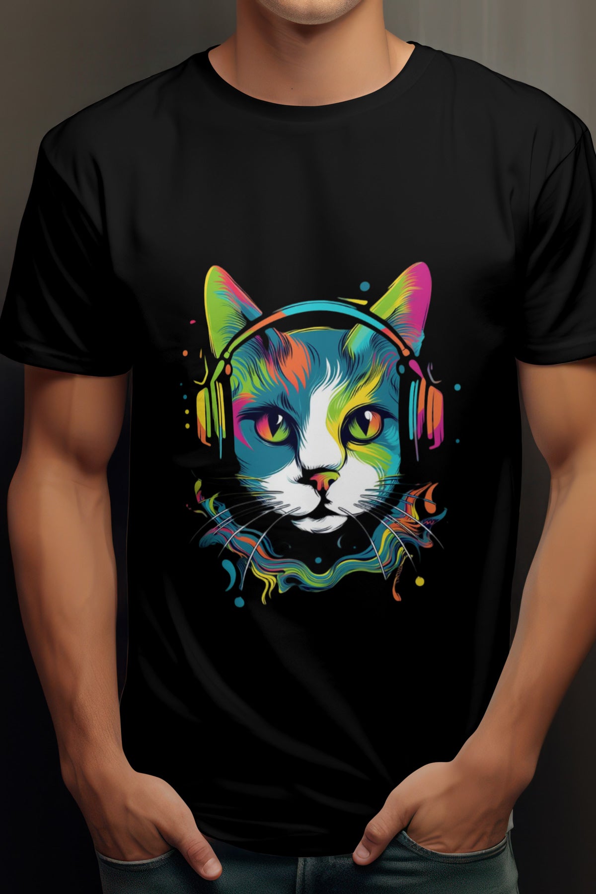 Unisex Musical Cat Graphic Printed Round Neck Cotton T Shirt