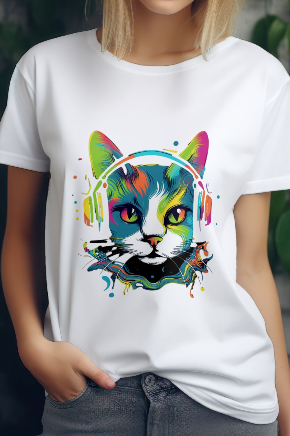 Unisex Musical Cat Graphic Printed Round Neck Cotton T Shirt