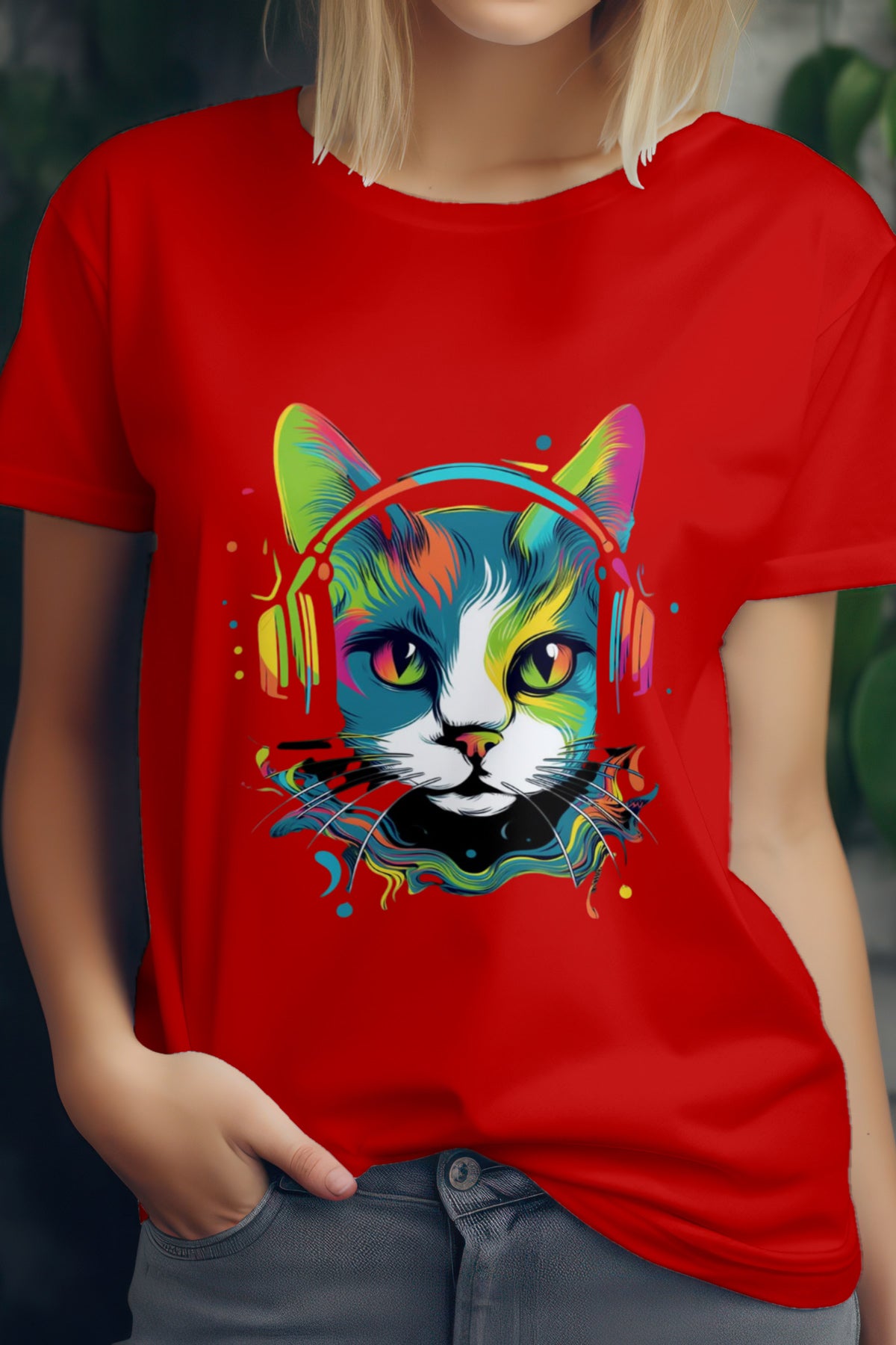 Unisex Musical Cat Graphic Printed Round Neck Cotton T Shirt