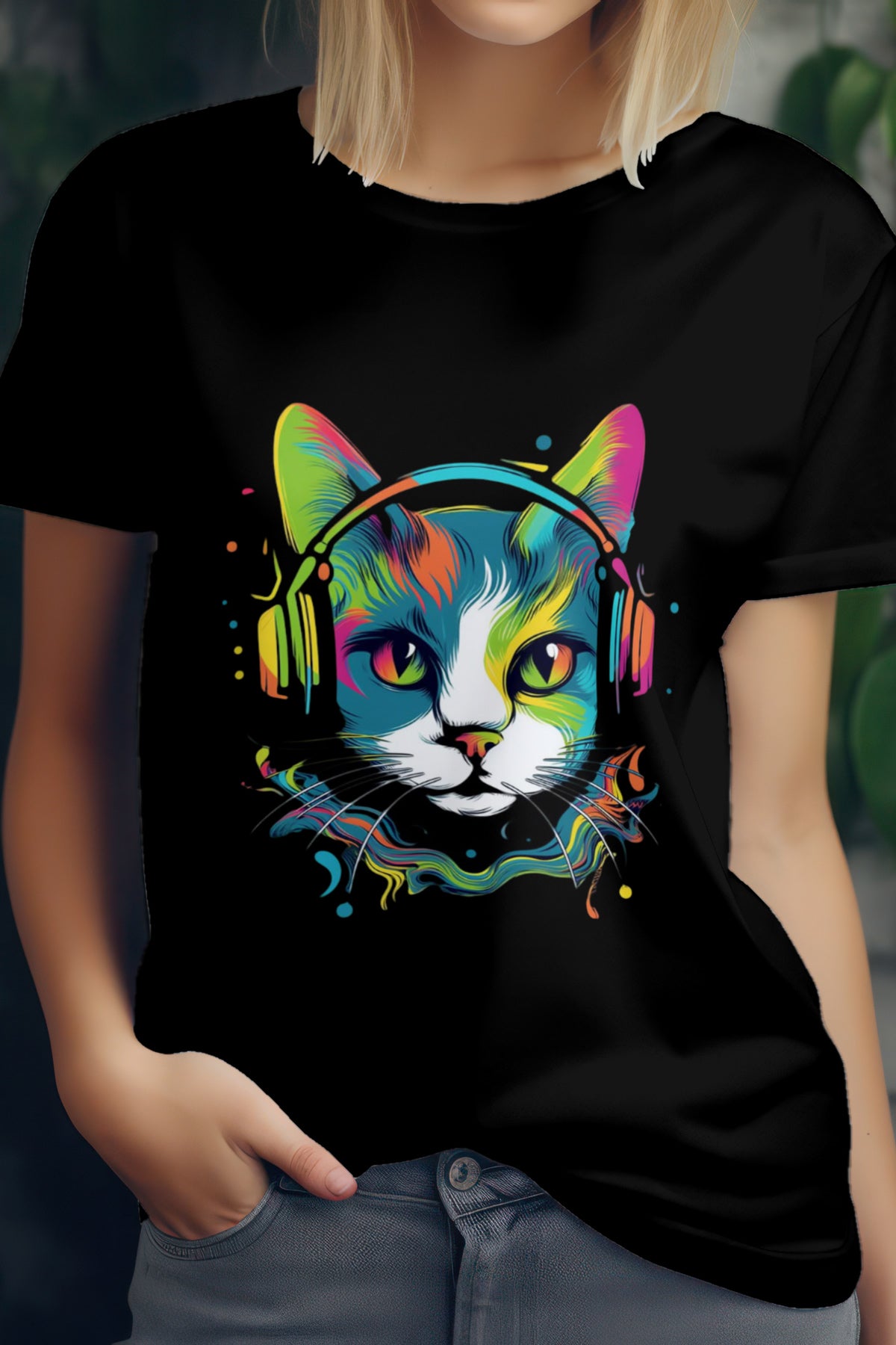 Unisex Musical Cat Graphic Printed Round Neck Cotton T Shirt