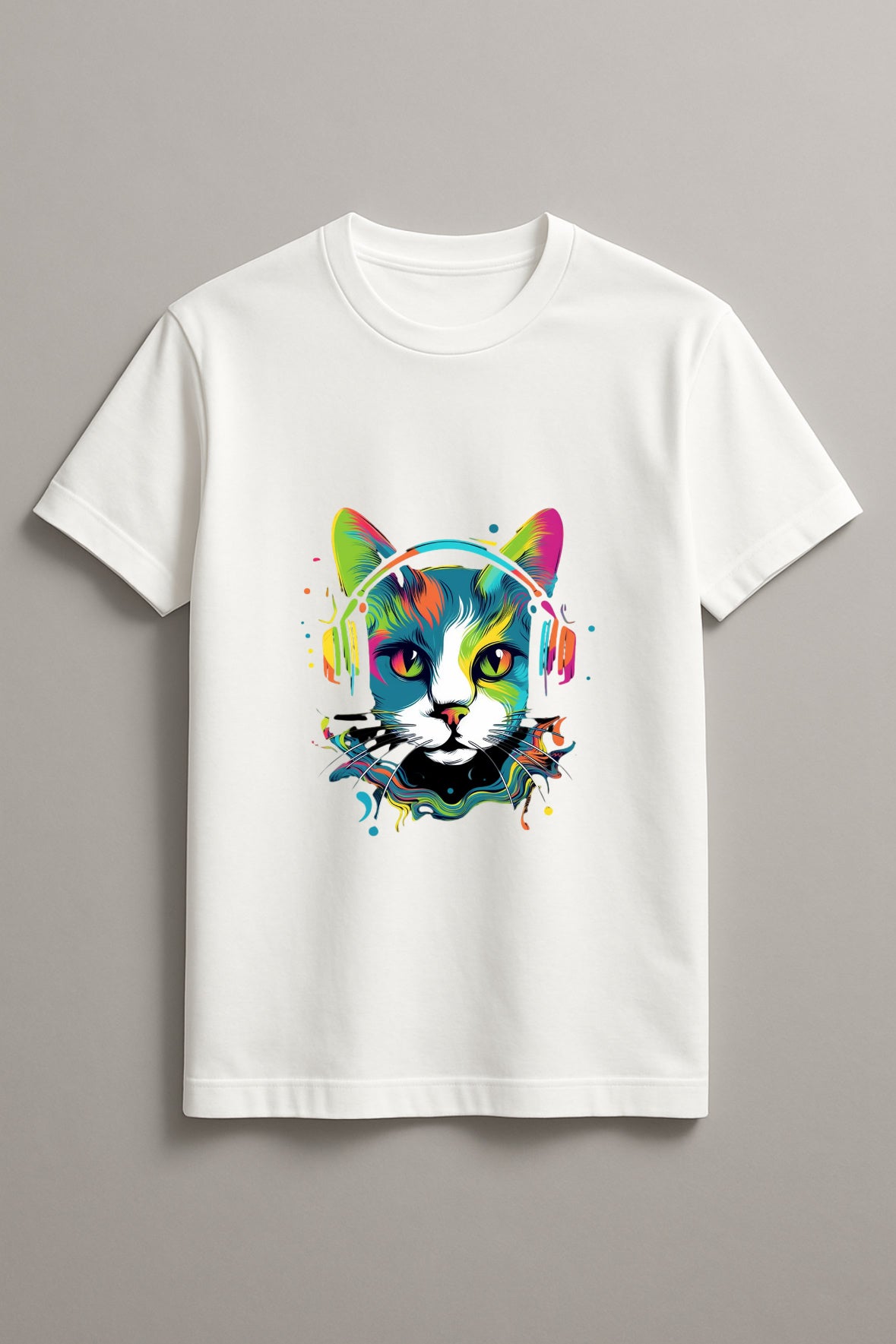 Unisex Musical Cat Graphic Printed Round Neck Cotton T Shirt