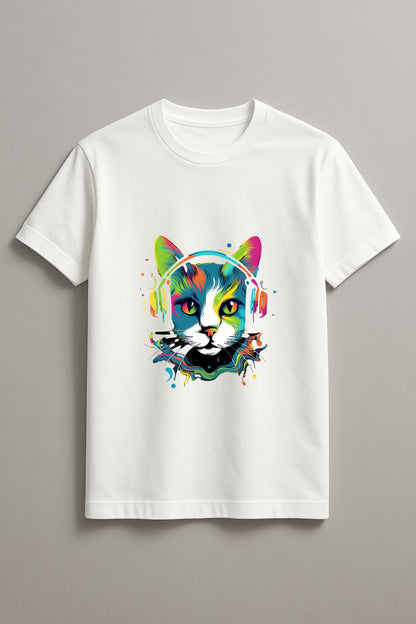 Unisex Musical Cat Graphic Printed Round Neck Cotton T Shirt