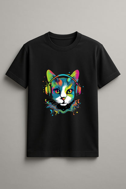 Unisex Musical Cat Graphic Printed Round Neck Cotton T Shirt