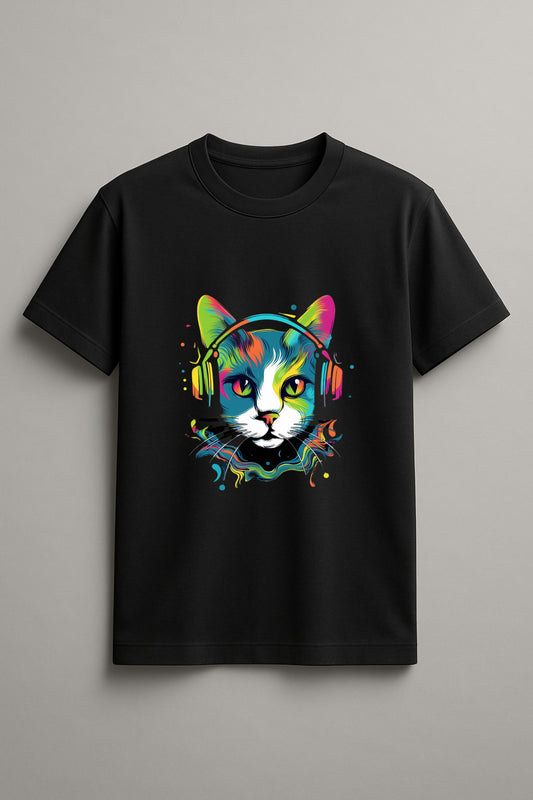 Unisex Musical Cat Graphic Printed Round Neck Cotton T Shirt