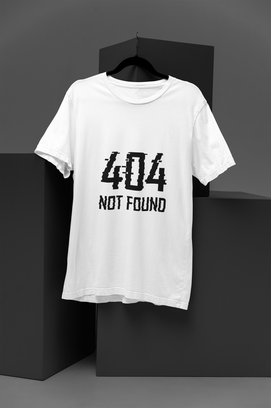 404 Error T Shirt front view on white cotton tee featuring"404 Page Not Found" graphic for coders
