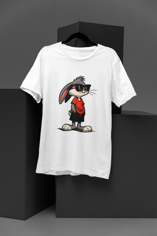 Bugs Bunny T Shirt front on white tee with retro Bugs Bunny cartoon print FOMO Fashions.