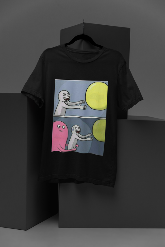 FOMO Fashions Memefied T Shirt red tee featuring"holding back guy" meme illustration