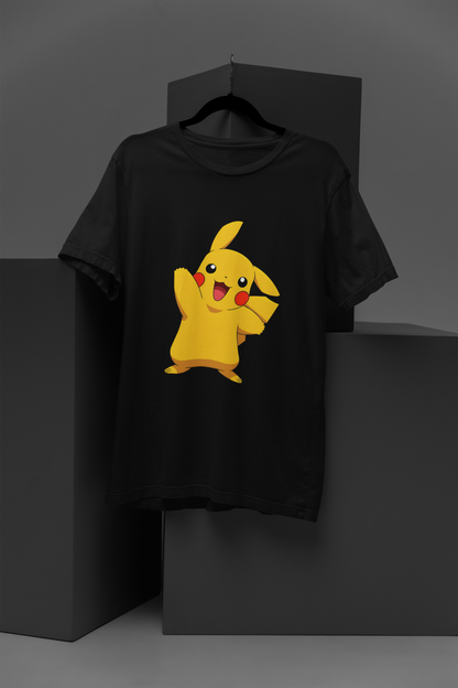 FOMO Fashions Pikachu T Shirt black tee with classic Pikachu character illustrating electric energy