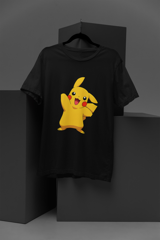 FOMO Fashions Pikachu T Shirt black tee with classic Pikachu character illustrating electric energy