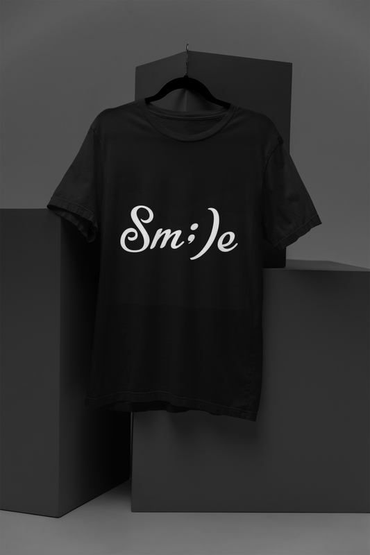 FOMO Fashions Smile T Shirt black cotton tee with modern large smile icon print across chest
