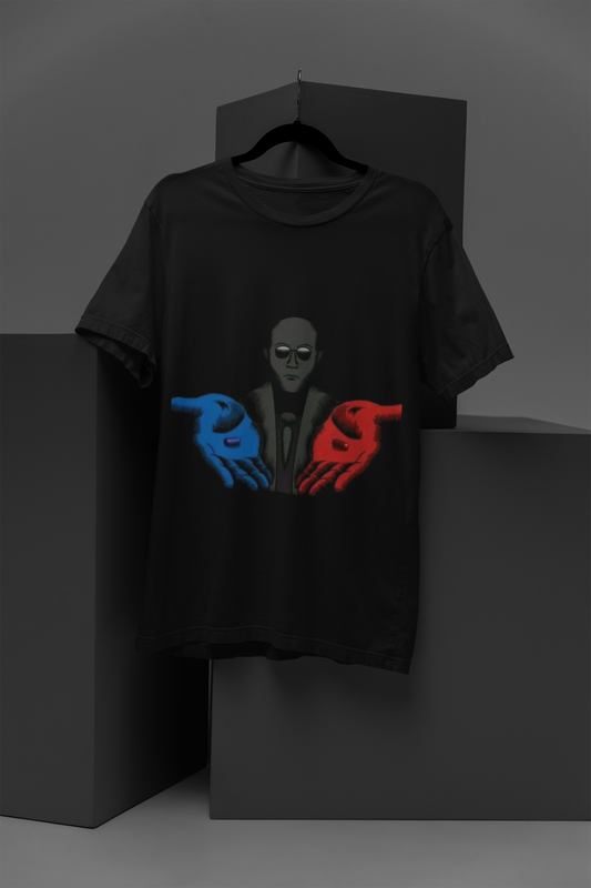 FOMO Fashions Red Pill Blue Pill T Shirt black tee with bold red vs blue pill illustration