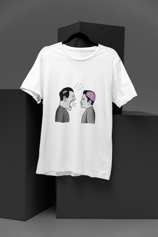 Brain Brainless T Shirt front on white tee with quirky brain design graphic FOMO Fashions.