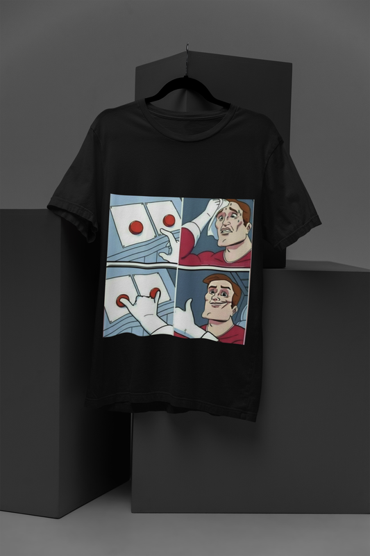 Button Think Guy T Shirt front on black tee with minimalist button‑think icon and clean text FOMO Fashions.