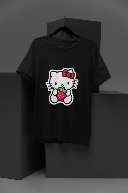 FOMO Fashions Hello Kitty Strawberry T Shirt: black tee with Hello Kitty holding a strawberry cartoon print.