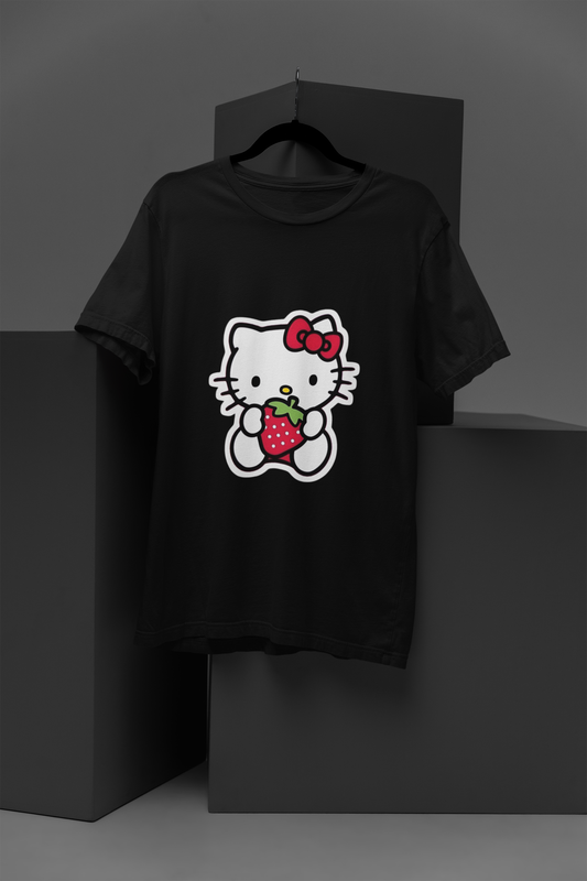 FOMO Fashions Hello Kitty Strawberry T Shirt: black tee with Hello Kitty holding a strawberry cartoon print.
