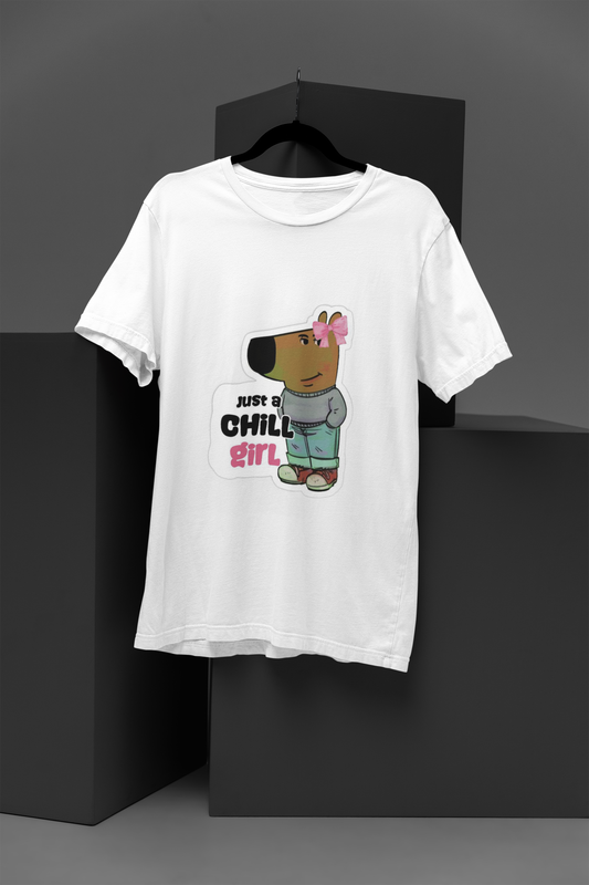 Chill Girl T Shirt on white tee with relaxed"Chill Girl" typographic slang print FOMO Fashions.