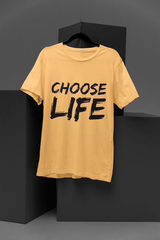 FOMO Fashions Choose Life Tee front view on white cotton tee with bold slogan print"Choose Life"