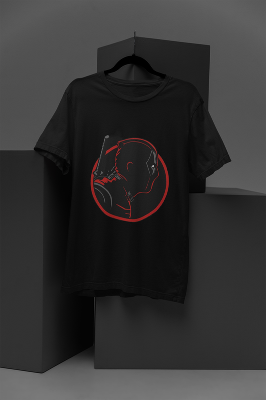 Deadpool T Shirt front on black cotton tee featuring iconic Deadpool logo in red and black print