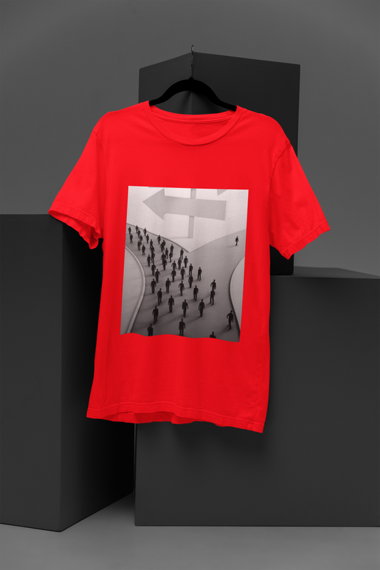 FOMO Fashions Different Direction Tee front with arrow motif & quote on red cotton T Shirt
