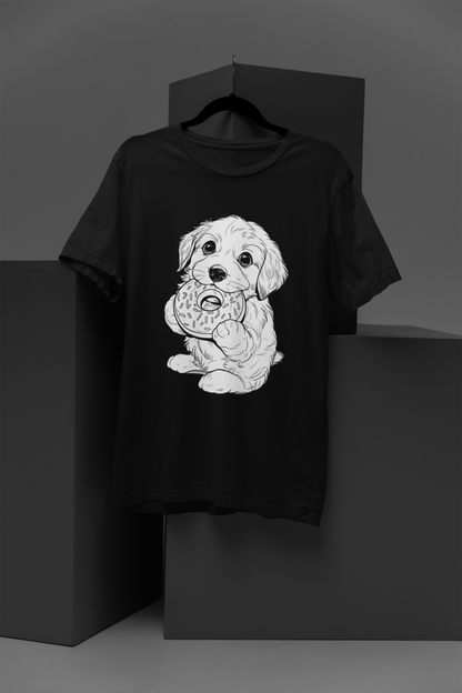 Cute Puppy Printed Tee front view on black cotton tee with whimsical donut‑dog illustration print